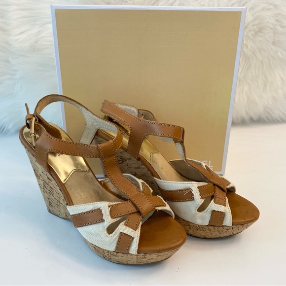 Michael Kors Melody Wedge Leather Canvas Platform Sandals Peanut Tan Sz 9 Resort - Picture 2 of 12